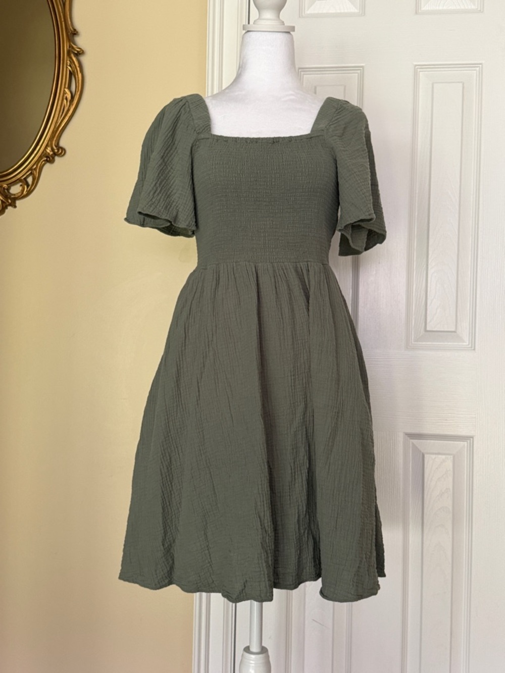 Madewell Lightspun Lucie Smocked Tie-Back Mini Dress Green XS